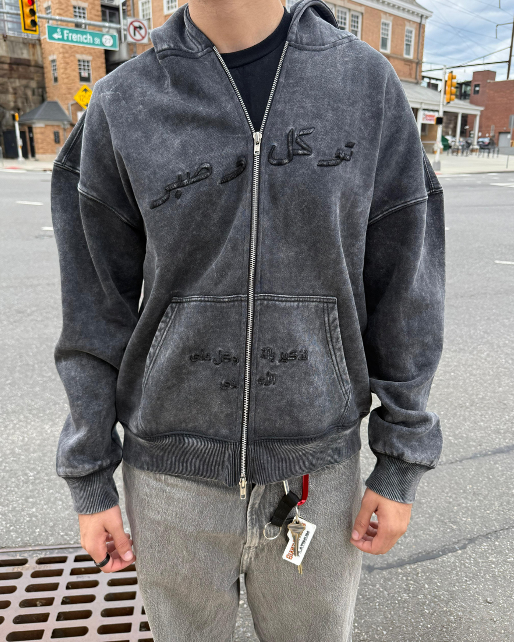 Oversized Acid Washed Double Zipper Hoodie